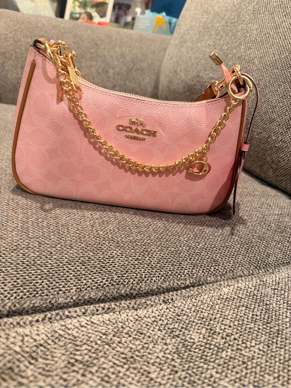 Coach Pink Leather Shoulder Bag with Gold Chain Accent